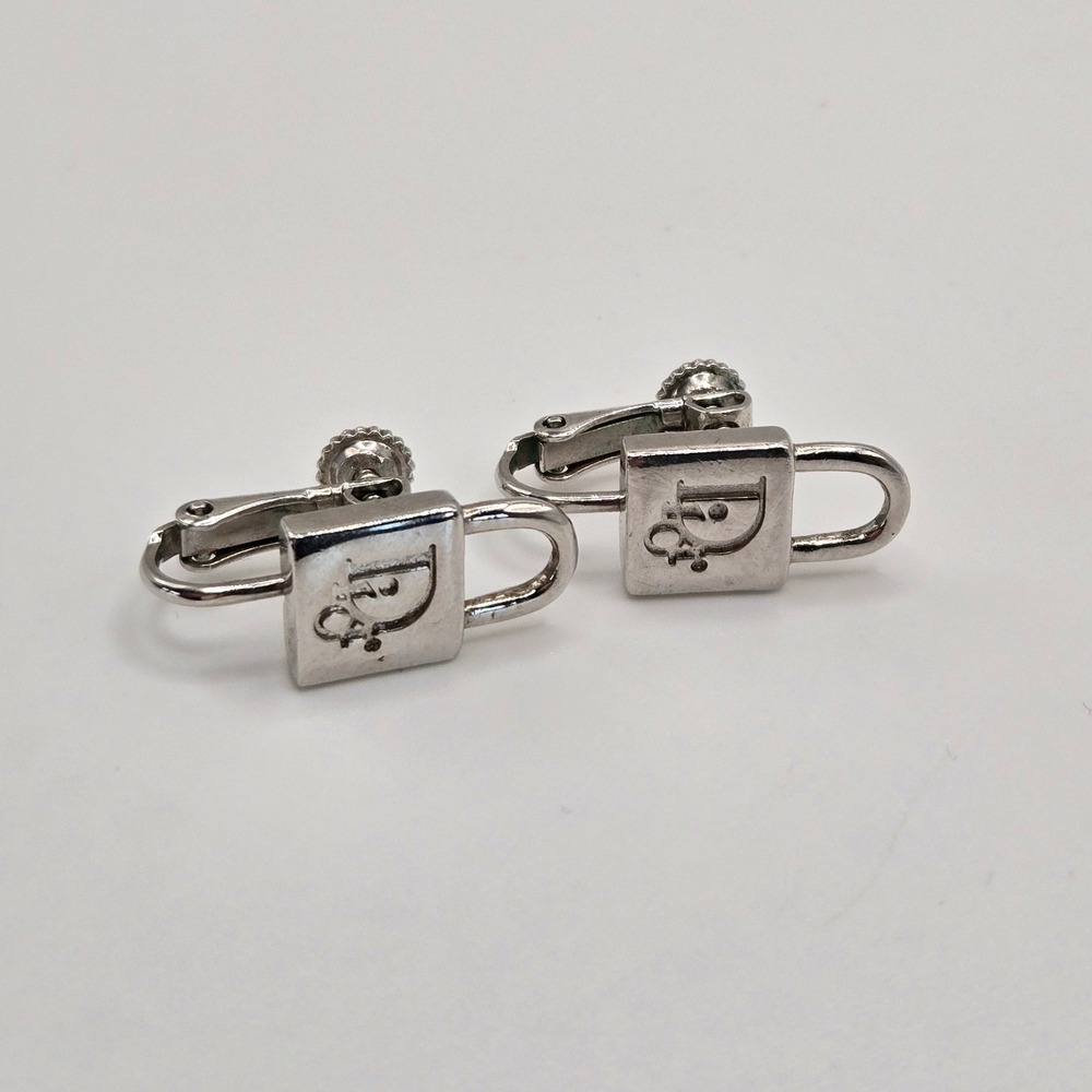 Christian Dior Vintage Padlock Screw Back Clip On Earrings Silver Tone Logo Lock - Picture 6 of 7